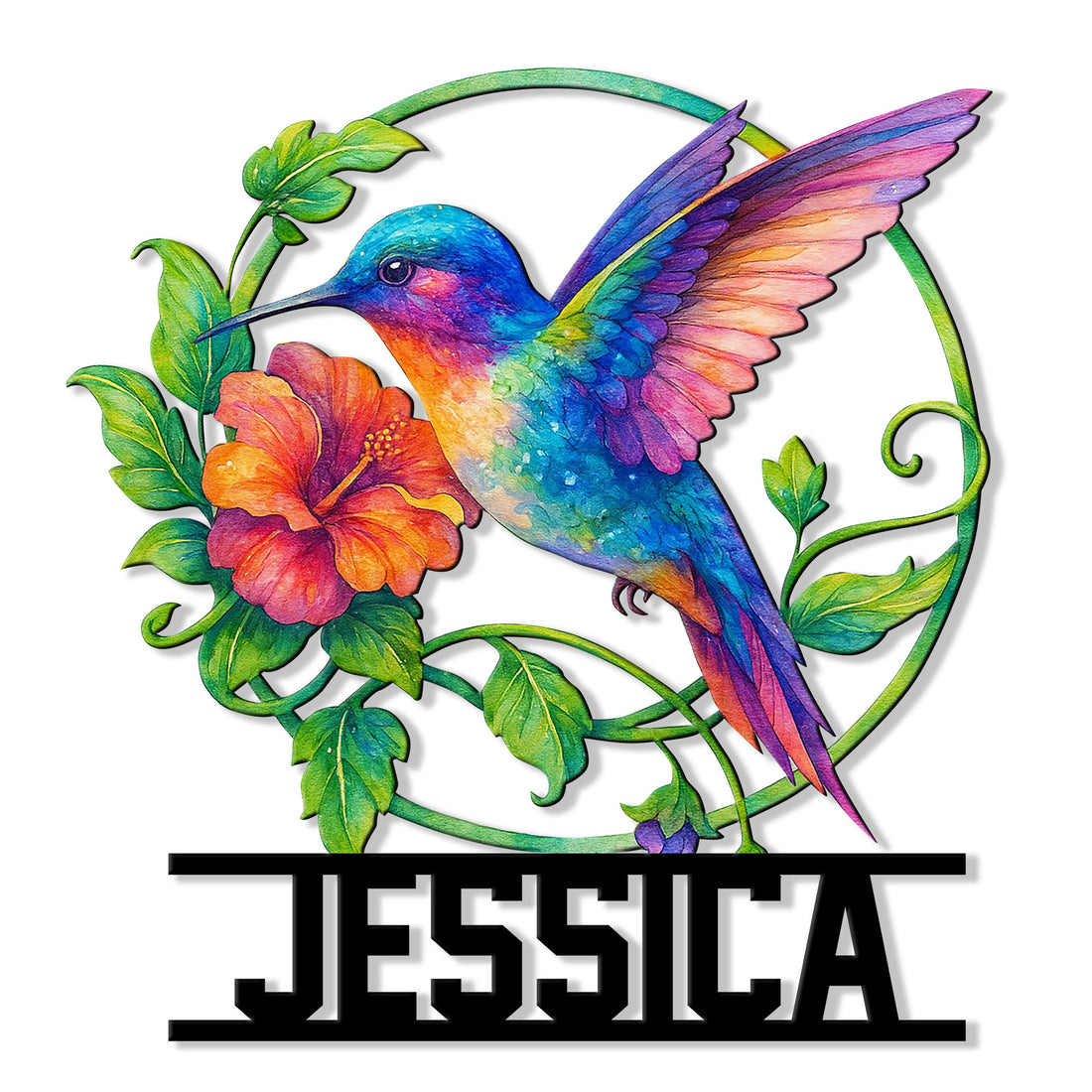 Colorful hummingbird metal sign with tropical flower, leafy vines, and vibrant watercolor-inspired details