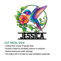 Hummingbird metal sign feature graphic showing the colorful bird and floral vine artwork