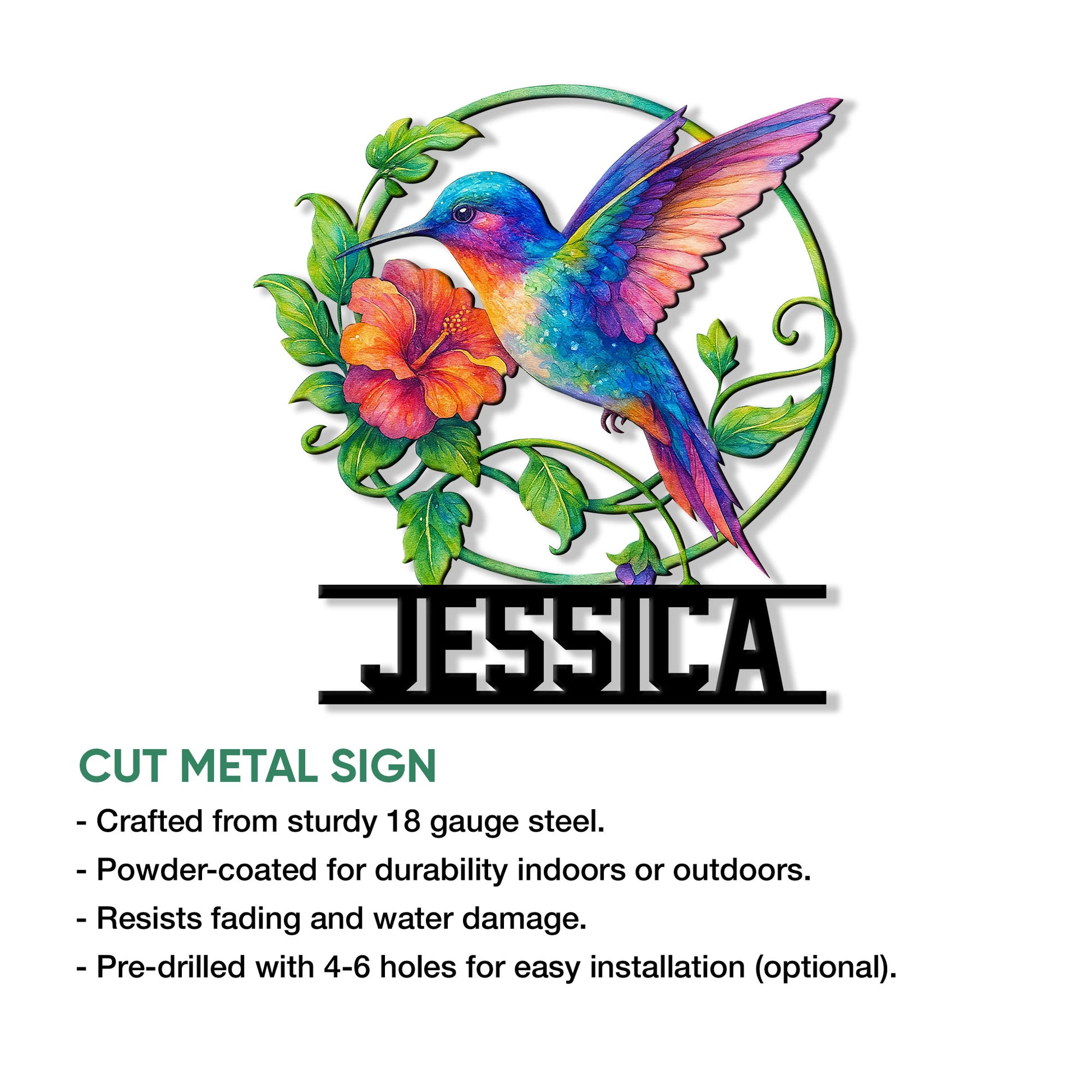 Hummingbird metal sign feature graphic showing the colorful bird and floral vine artwork