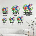 Hummingbird metal sign size guide showing six available square size options in a bright living room