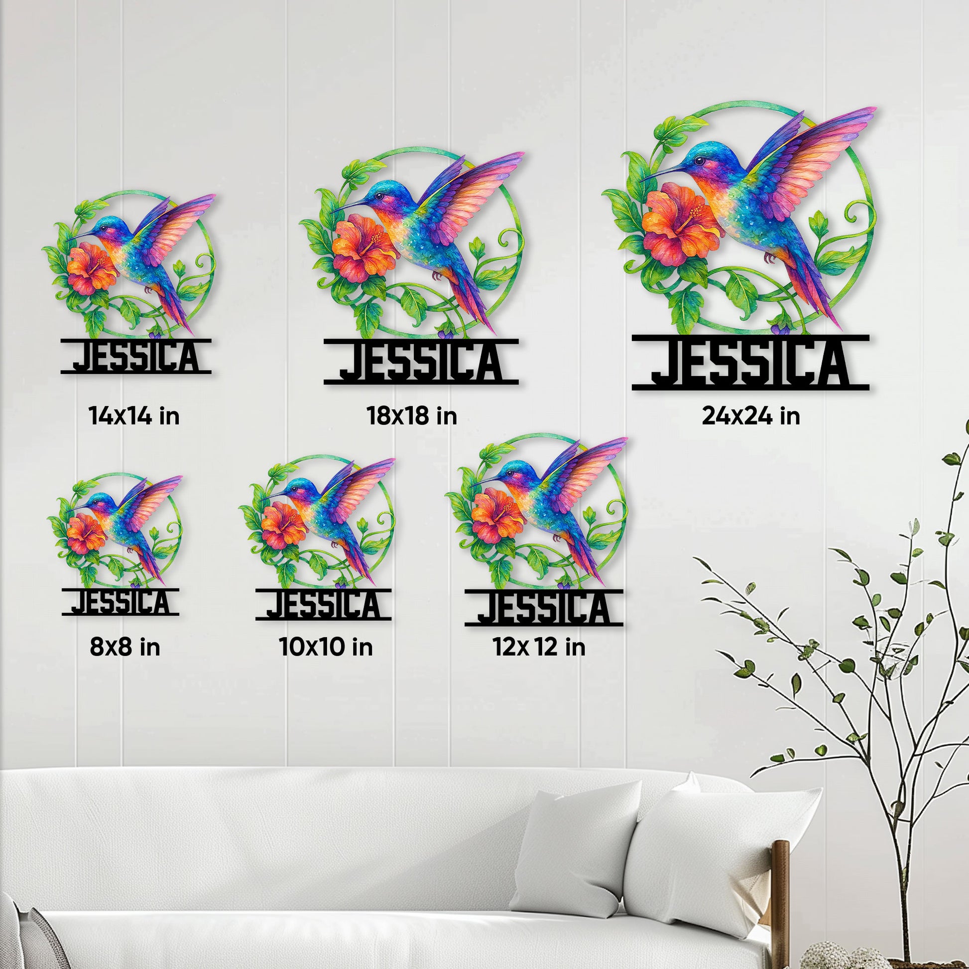Hummingbird metal sign size guide showing six available square size options in a bright living room