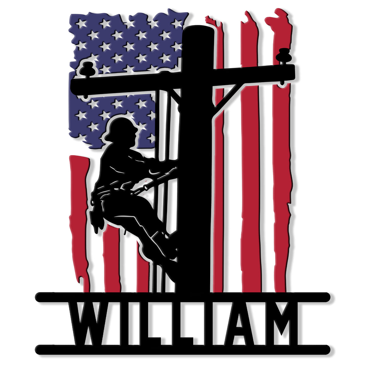 Patriotic lineman metal sign featuring a utility worker silhouette climbing a power pole over an American flag