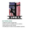 Lineman metal sign feature guide showing the patriotic utility worker design and cut metal construction