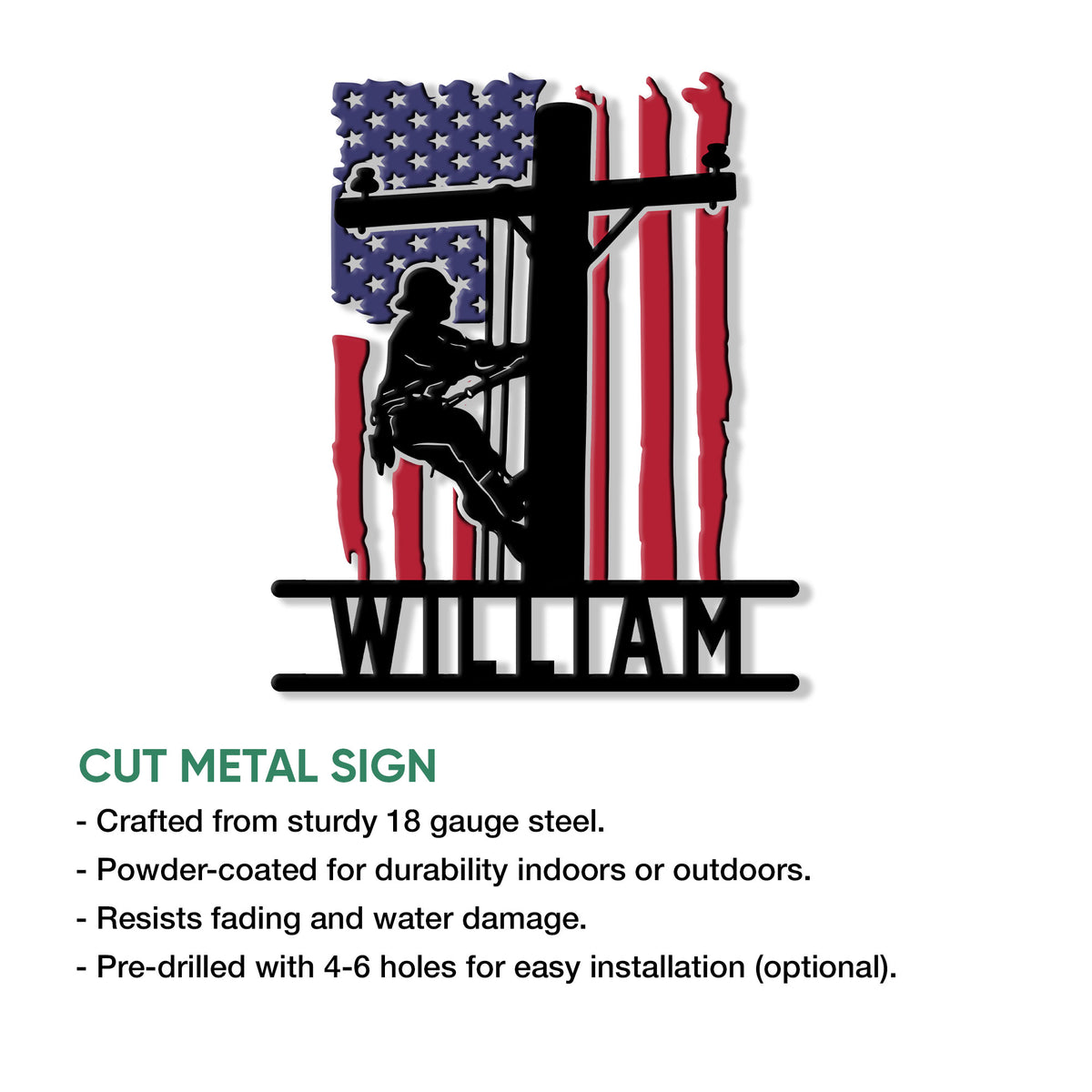 Lineman metal sign feature guide showing the patriotic utility worker design and cut metal construction