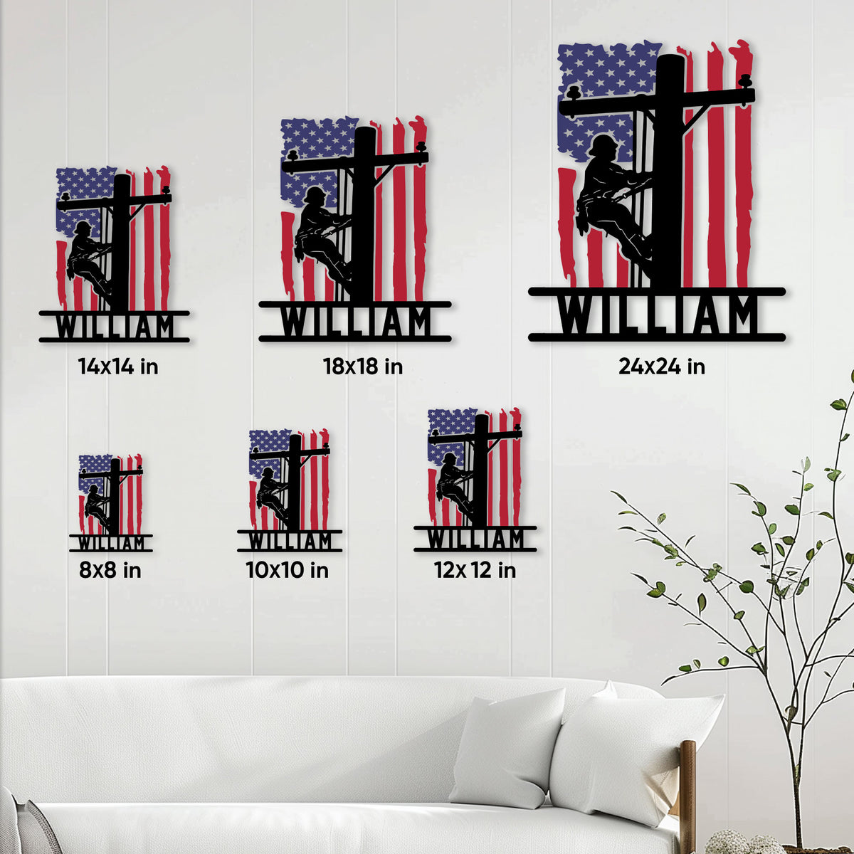 Lineman metal sign size guide showing multiple square size options from 8 by 8 to 24 by 24 inches