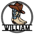 Cowboy boots and hat metal sign with a rope border and western design
