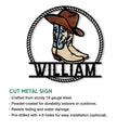 Cowboy boots metal sign feature graphic showing cut metal sign construction and available sizes