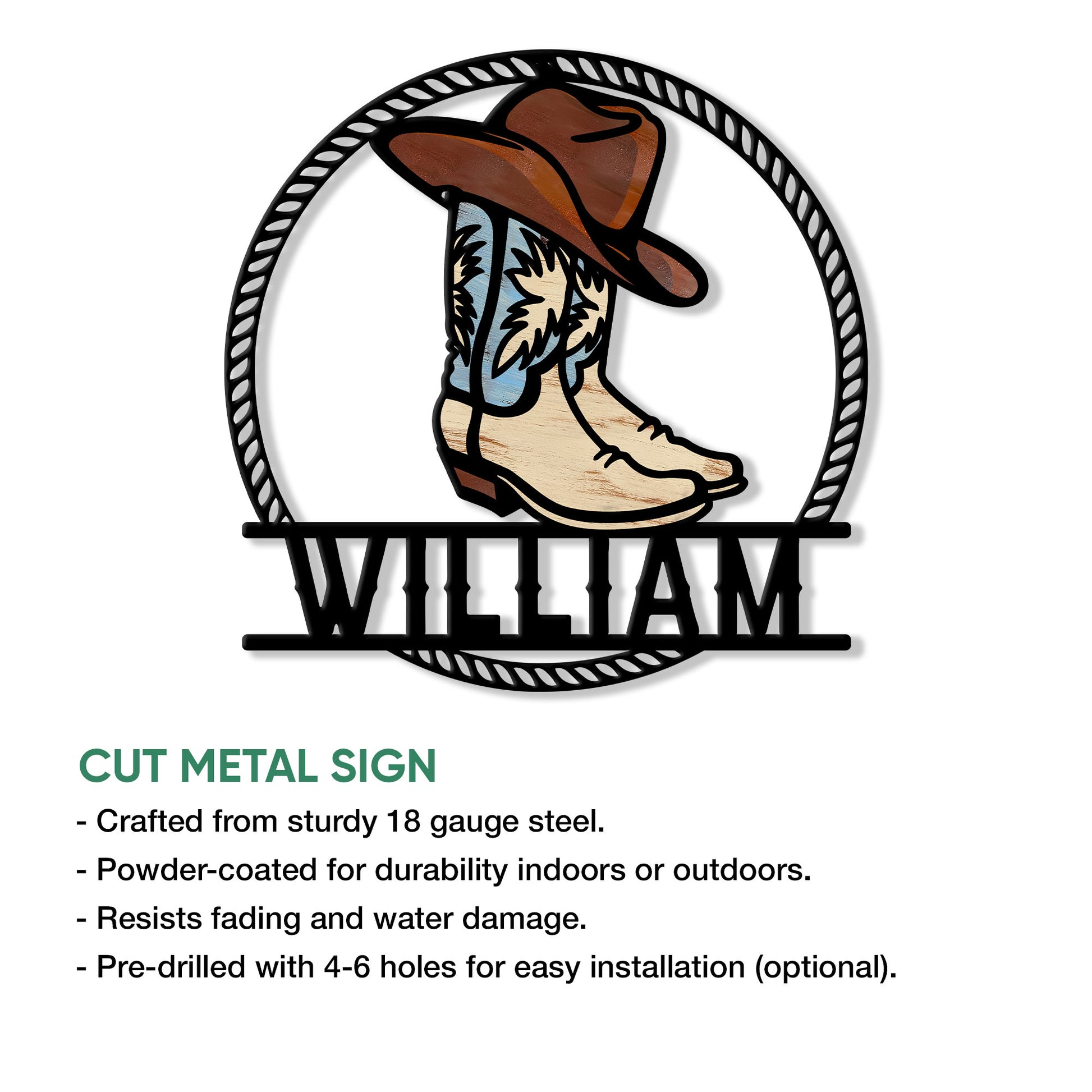Cowboy boots metal sign feature graphic showing cut metal sign construction and available sizes