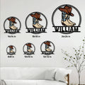 Cowboy boots metal sign size comparison showing six scale options in a living room setting
