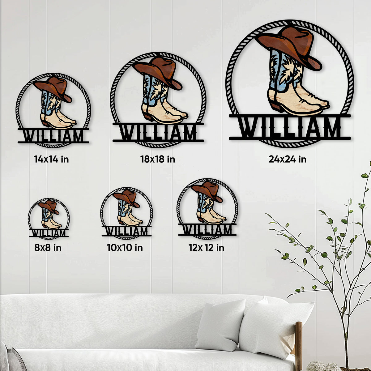 Cowboy boots metal sign size comparison showing six scale options in a living room setting