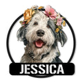 Custom Old English Sheepdog metal sign featuring a cheerful shaggy dog portrait framed by colorful flowers