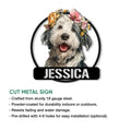 Old English Sheepdog cut metal sign shown with product feature details and a bold floral portrait design
