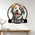 Old English Sheepdog wall sign displayed above a console table in a bright home interior