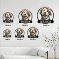 Old English Sheepdog metal sign size guide showing six available square size options in a home setting