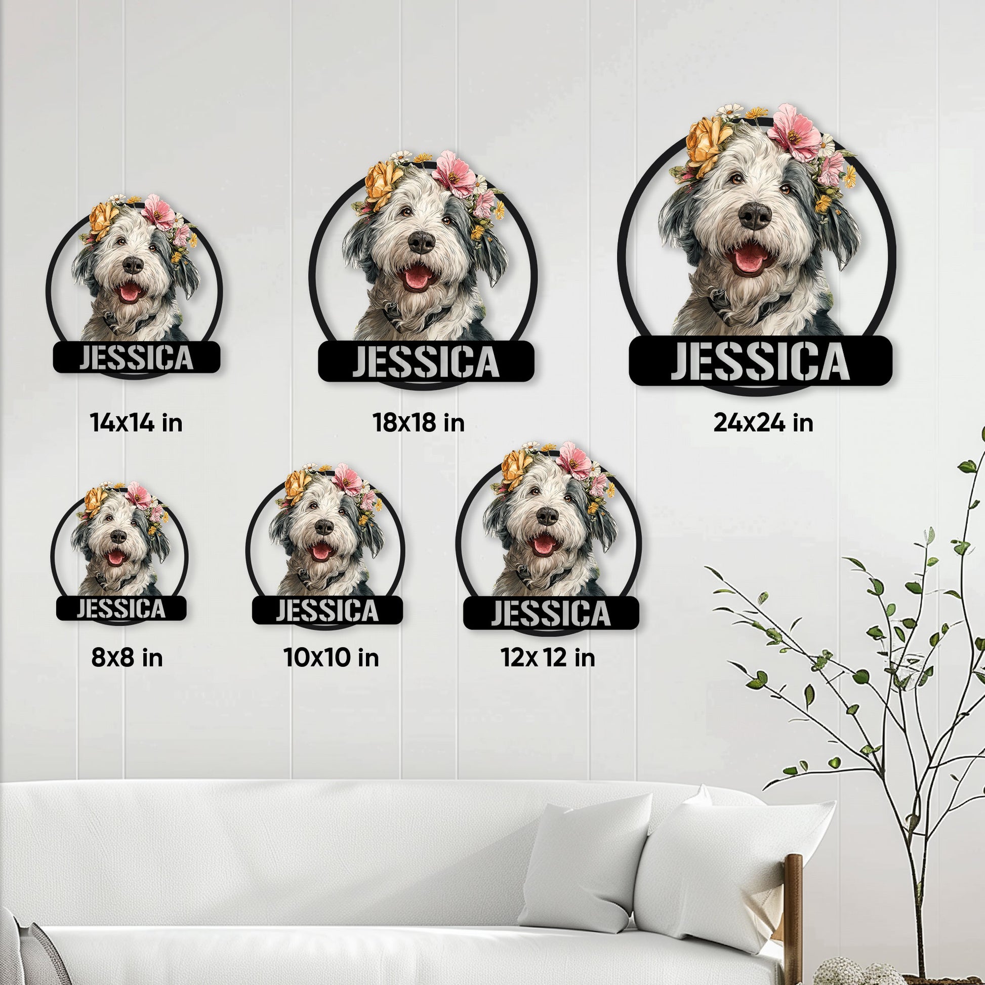 Old English Sheepdog metal sign size guide showing six available square size options in a home setting