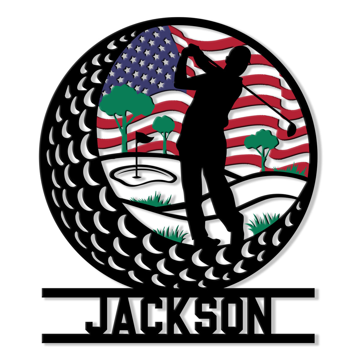 Custom golf metal sign featuring a golfer silhouette, golf ball pattern, course scene, and American flag design