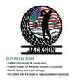 Golf metal sign feature graphic showing a patriotic golfer design and cut metal sign details