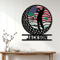 Patriotic golfer metal sign displayed as golf wall decor above a console table in a bright home