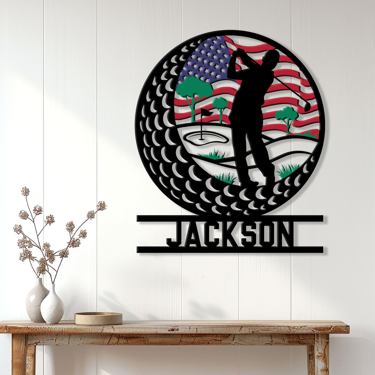 Patriotic golfer metal sign displayed as golf wall decor above a console table in a bright home