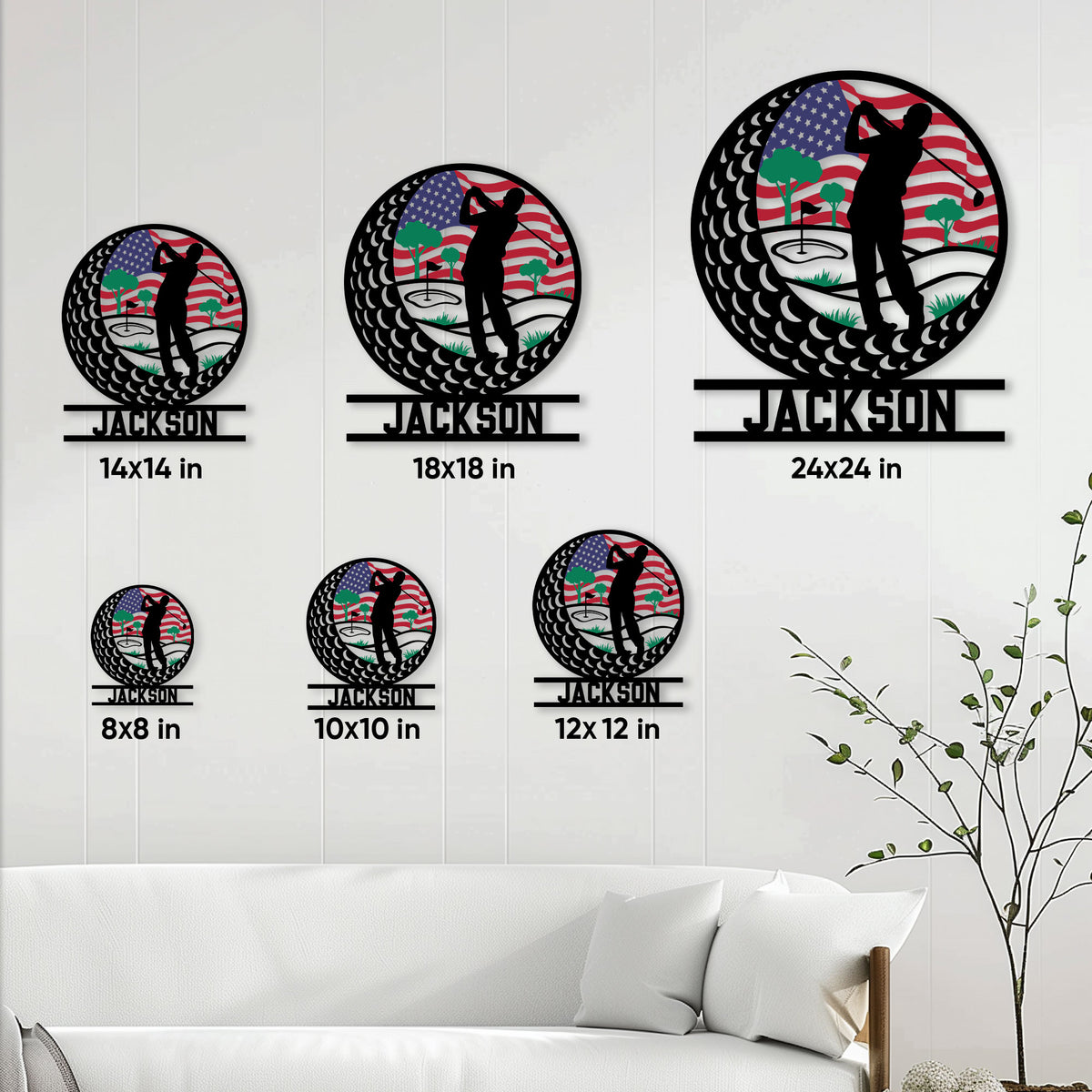 Golf metal sign size guide displaying multiple round sign sizes in a living room wall setting