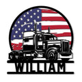 Custom trucker metal sign featuring a classic semi truck silhouette against an American flag backdrop