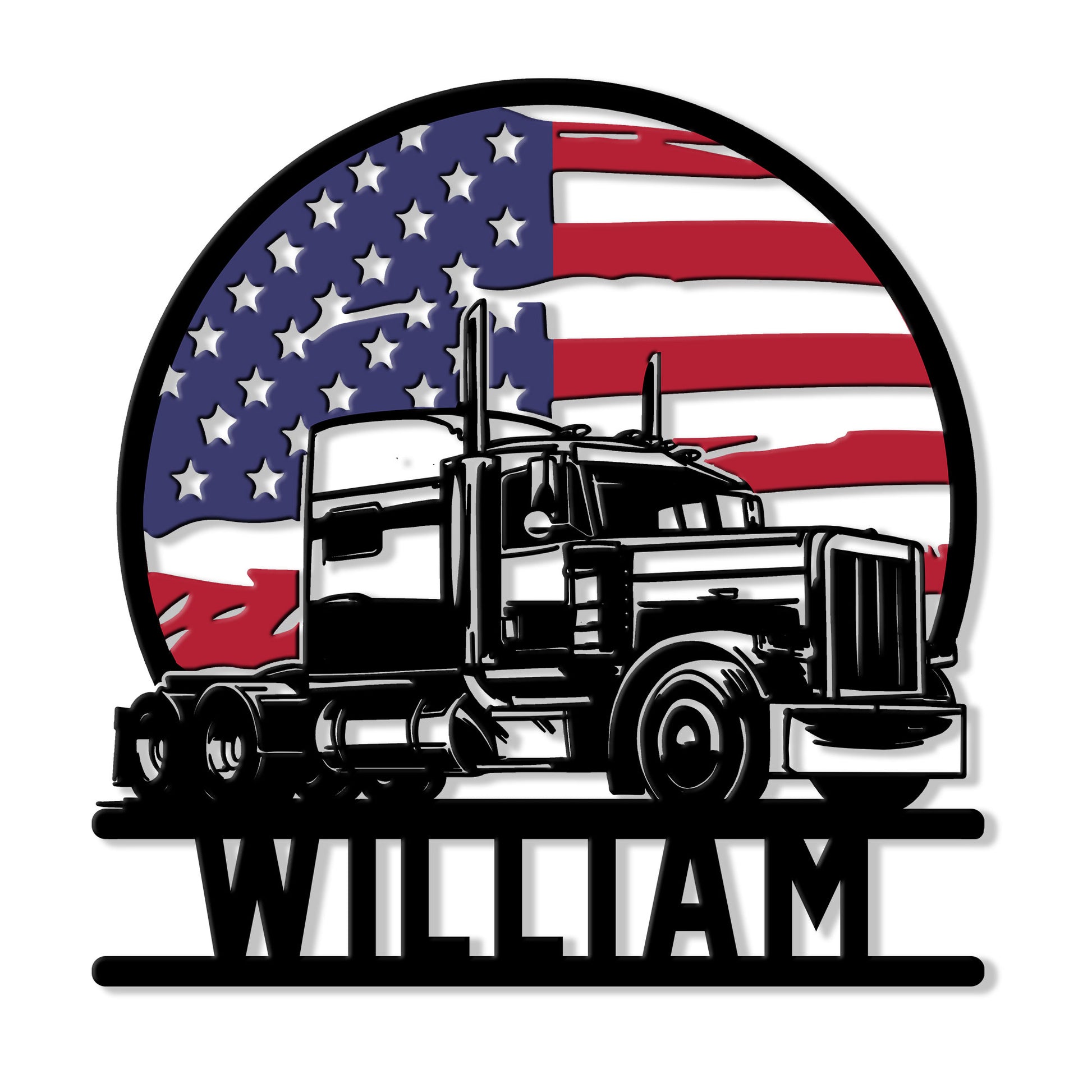 Custom trucker metal sign featuring a classic semi truck silhouette against an American flag backdrop