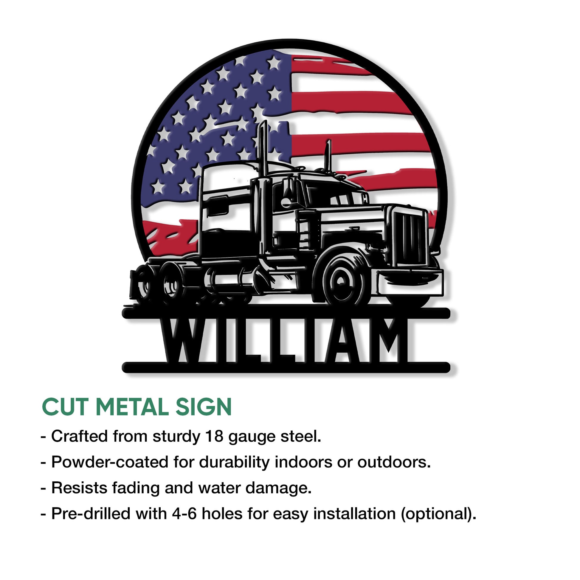 Trucker metal sign product graphic showing a semi truck design with American flag styling