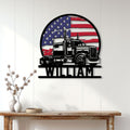 American flag trucker wall sign displayed on a bright paneled wall above a console table