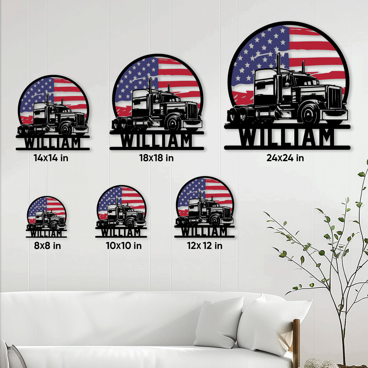 Trucker metal sign size guide showing six available square sizes from 8 by 8 to 24 by 24 inches