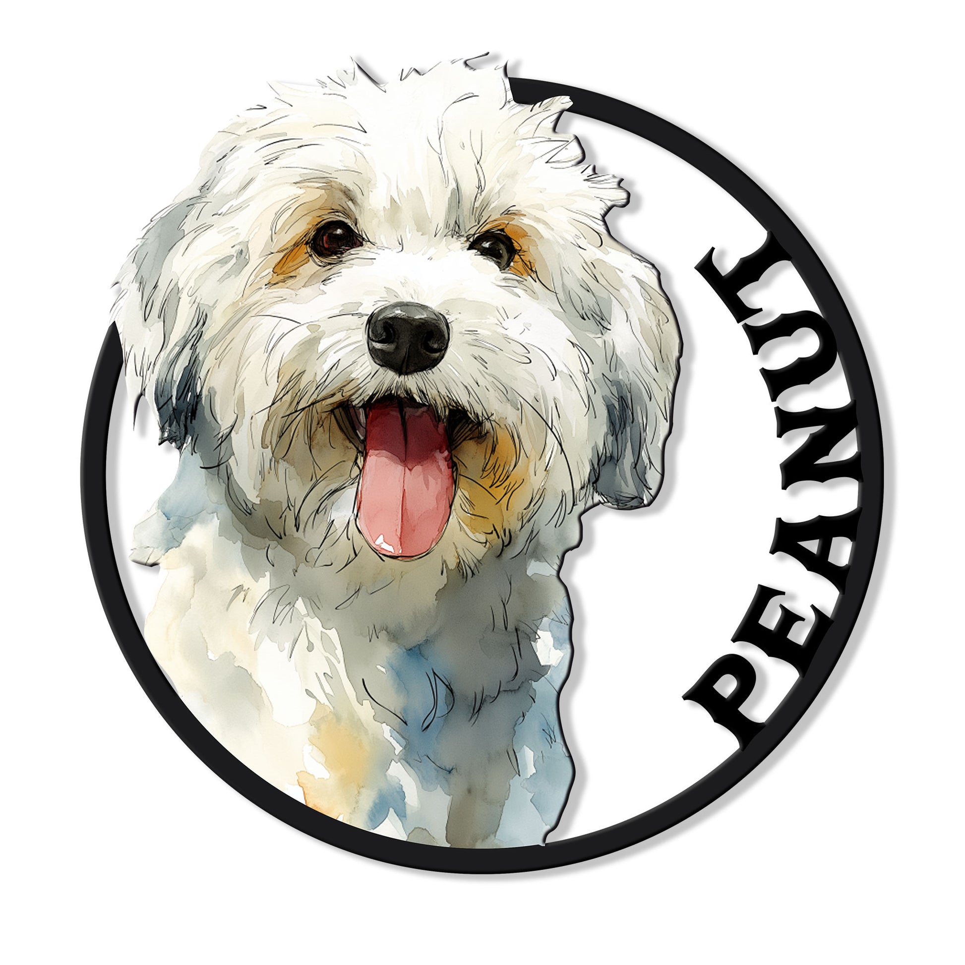 Watercolor Havanese dog portrait metal sign with a bold circular frame and cheerful expression