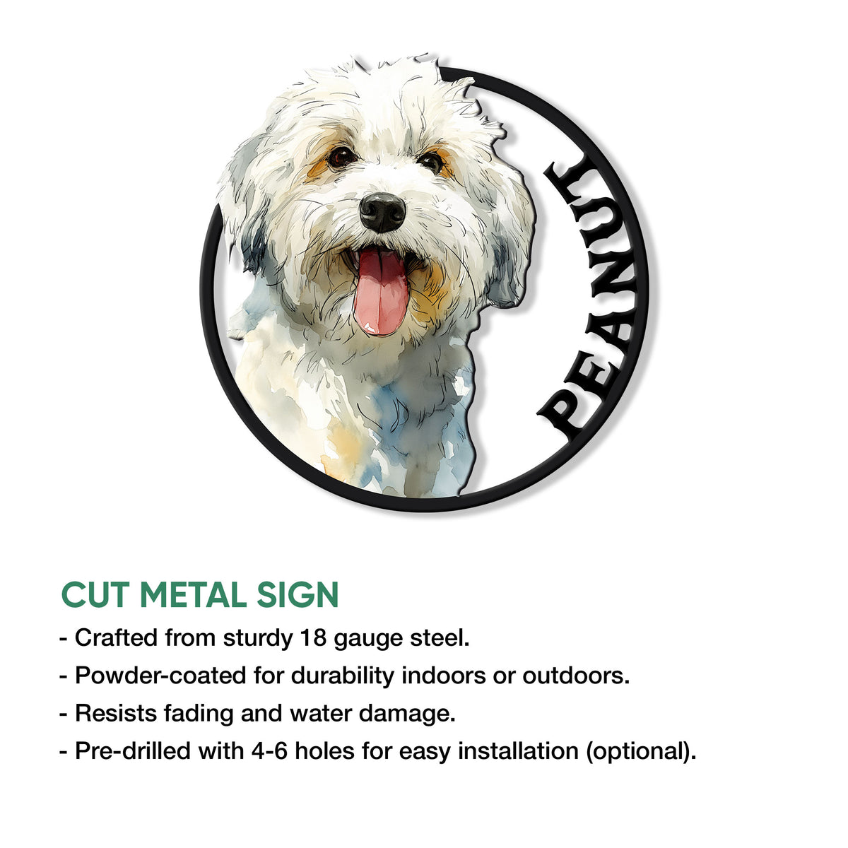 Havanese dog metal sign feature graphic showing the cut metal sign design and product benefits