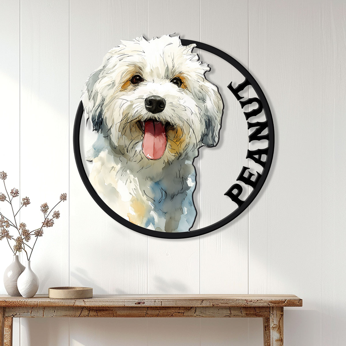 Havanese dog portrait metal sign displayed as welcoming wall decor in a bright home entryway