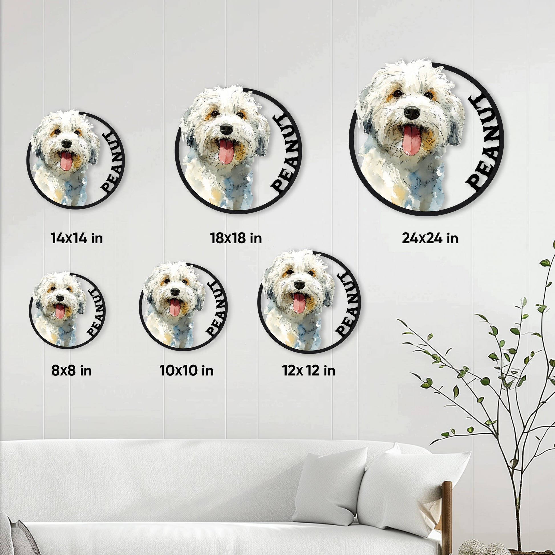 Havanese dog metal sign shown in multiple size options on a light living room wall