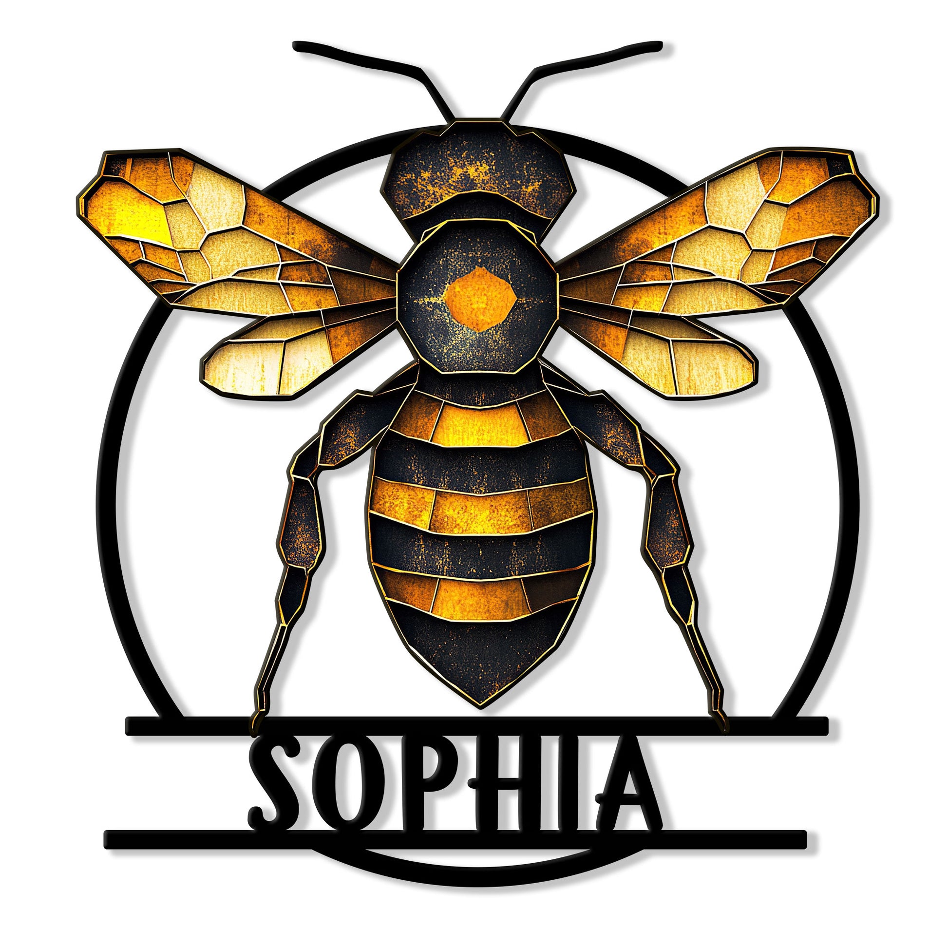 Geometric honey bee metal sign featuring golden wings, a black circular frame, and bold striped detailing