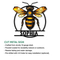 Honey bee metal sign shown with a close view of its cut-metal artwork and product feature presentation
