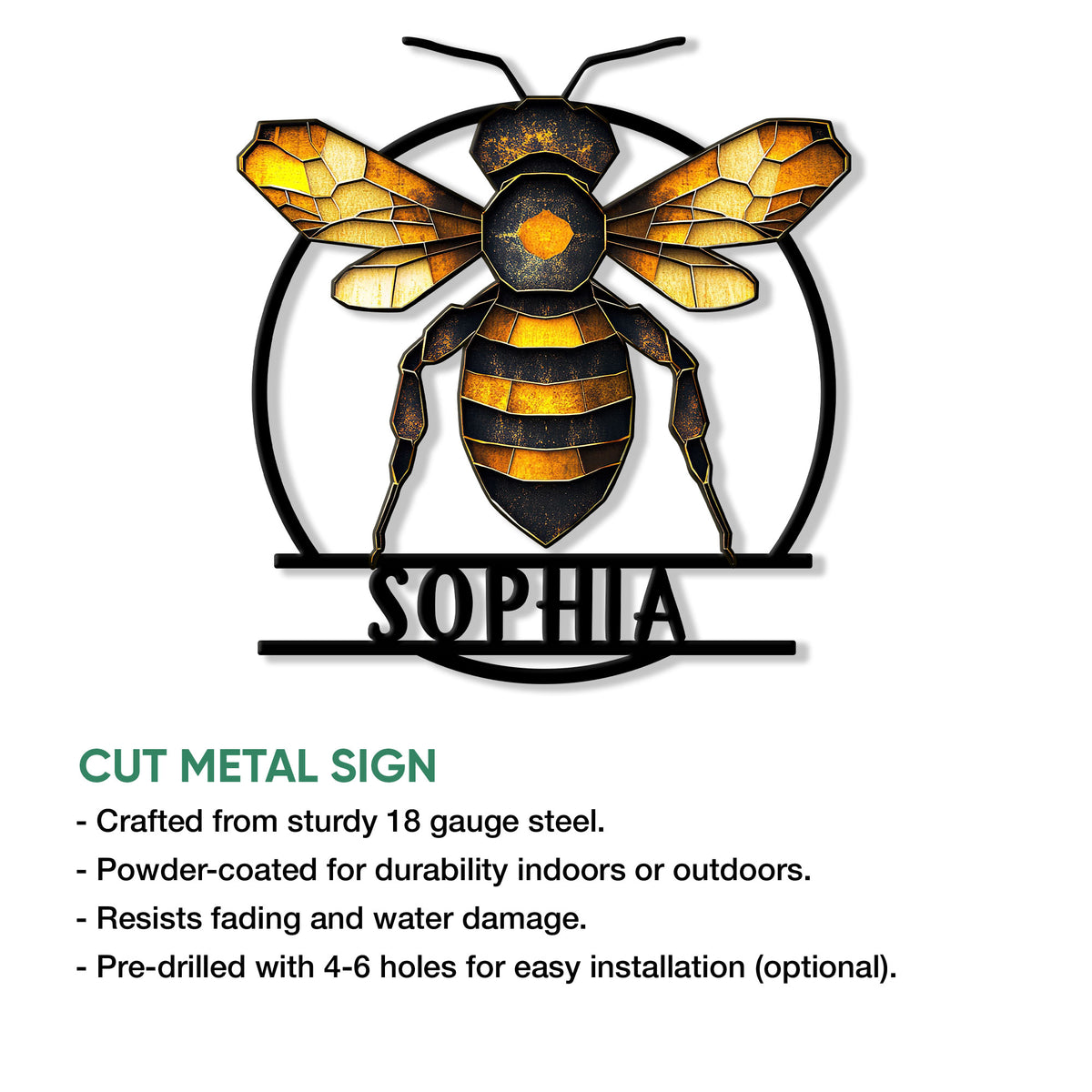Honey bee metal sign shown with a close view of its cut-metal artwork and product feature presentation