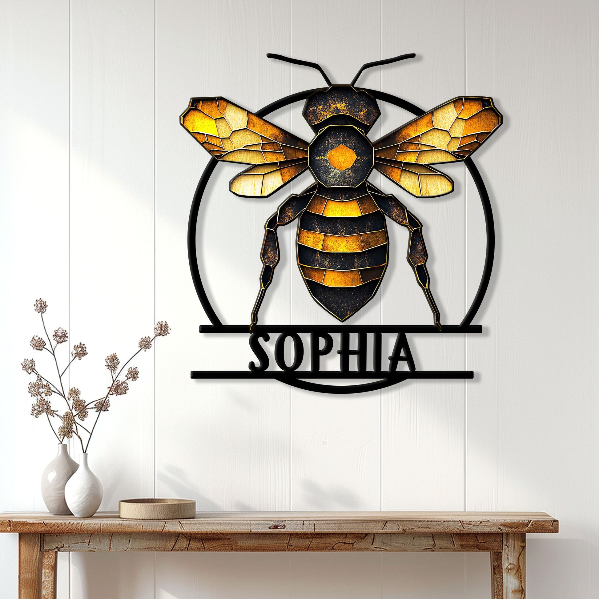 Honey bee wall decor displayed above a console table in a bright home interior with white paneled walls
