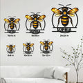 Honey bee metal sign size guide showing multiple square size options in a staged living room setting