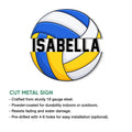 Volleyball metal sign product graphic presenting the cut sign design and feature details