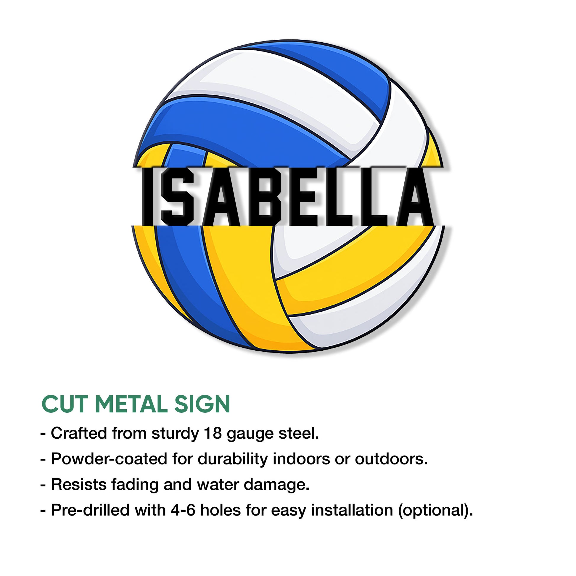 Volleyball metal sign product graphic presenting the cut sign design and feature details
