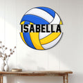Blue, yellow, and white volleyball wall sign displayed on a bright paneled interior wall