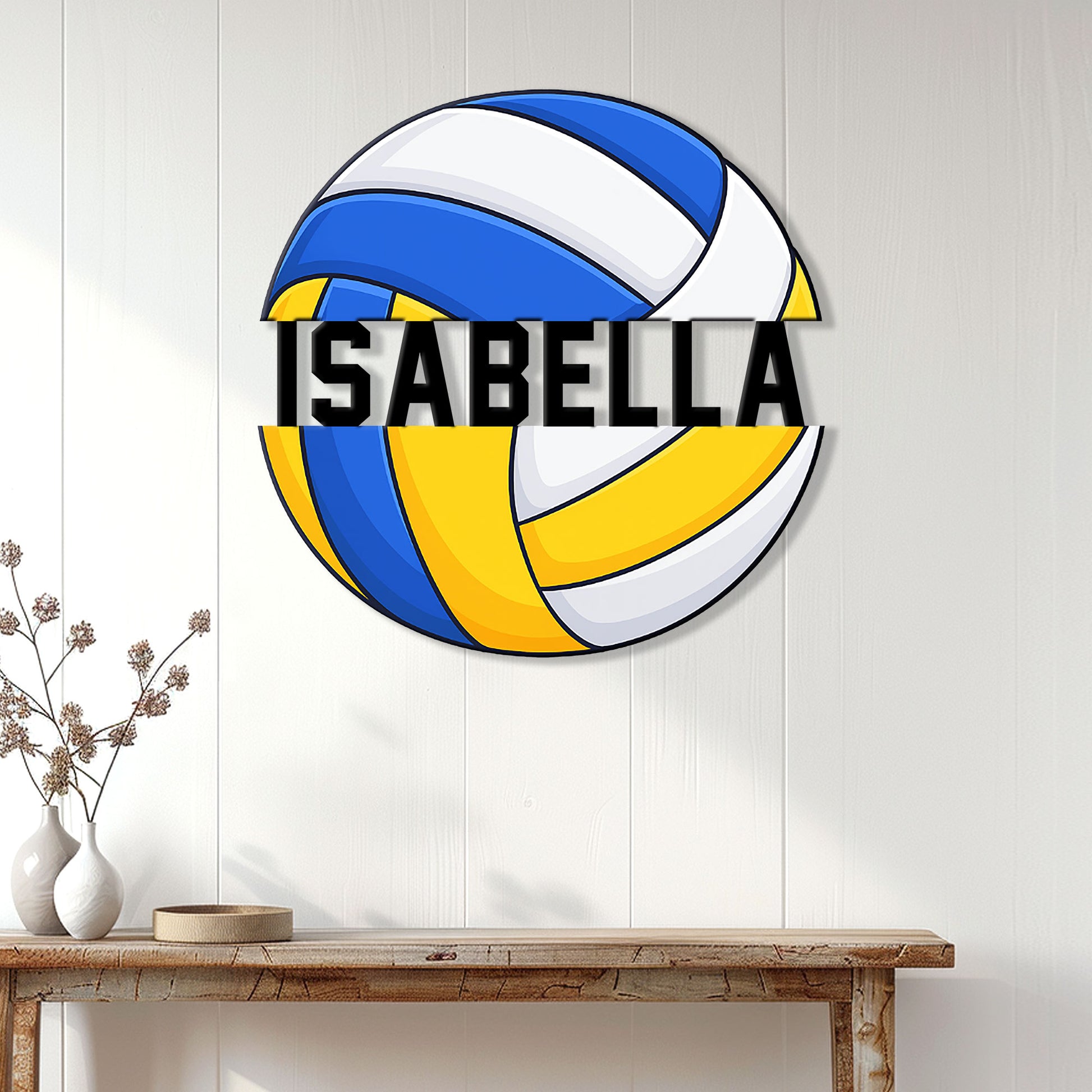Blue, yellow, and white volleyball wall sign displayed on a bright paneled interior wall