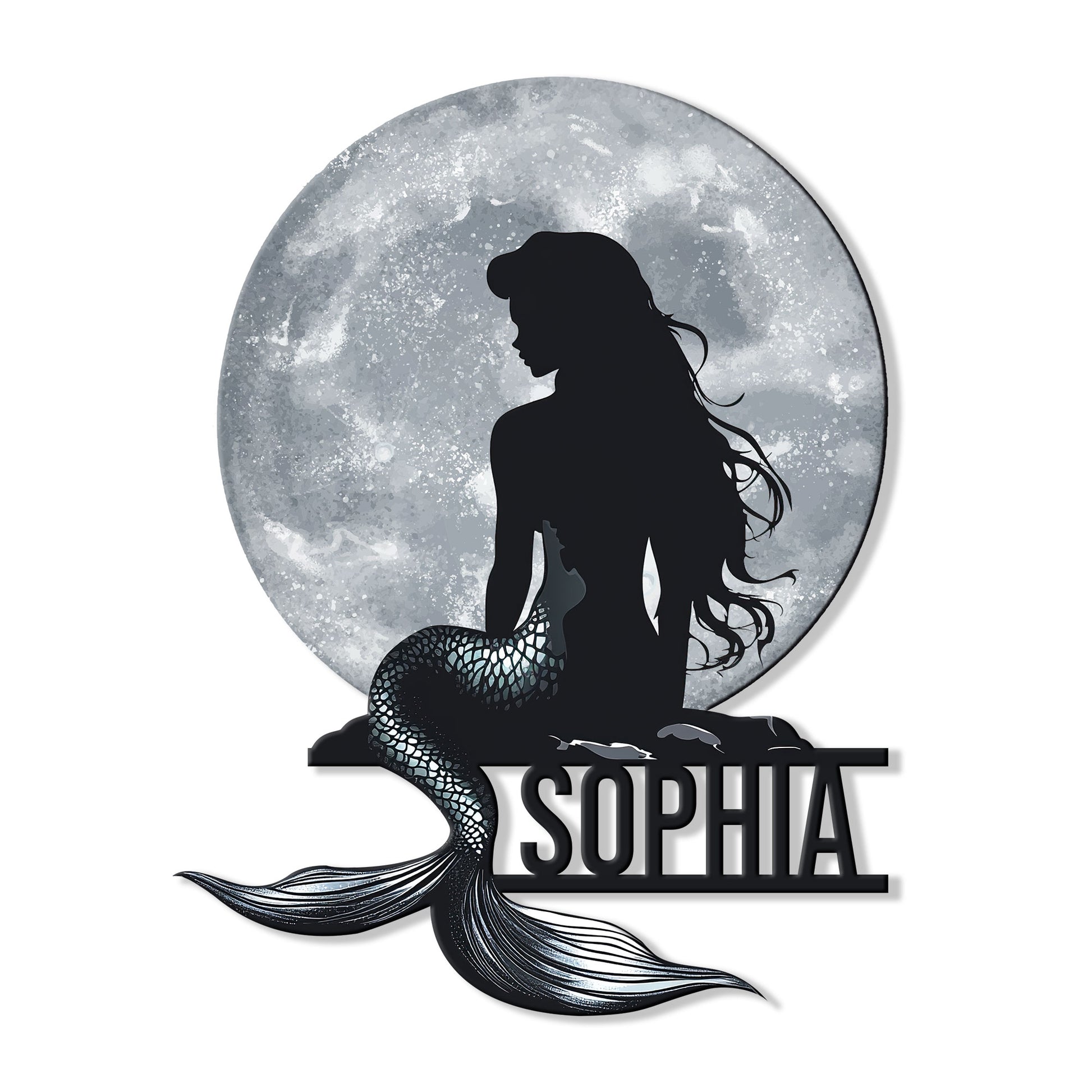 Mermaid metal sign featuring a dark mermaid silhouette against a textured full moon