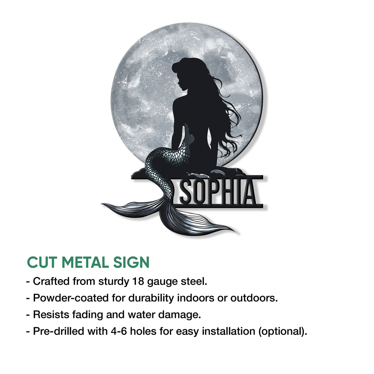 Mermaid wall sign showcasing a moonlit silhouette and shimmering fish-scale tail