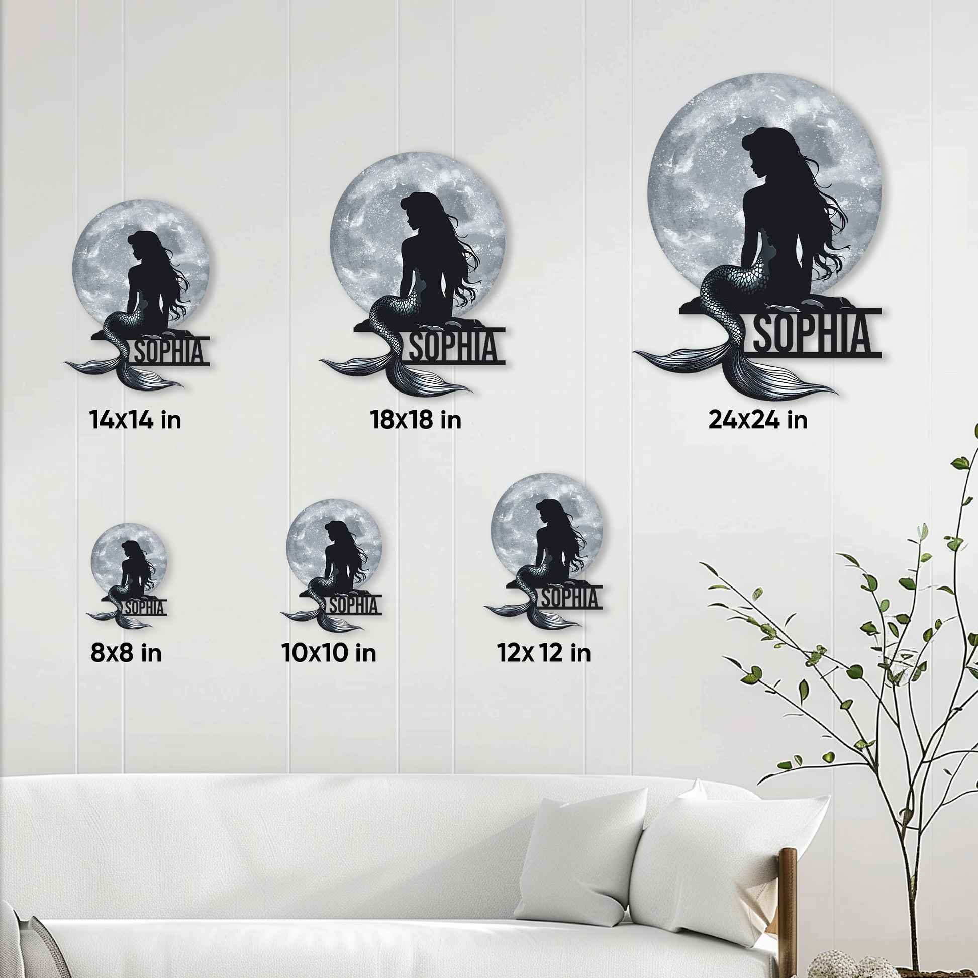 Mermaid metal sign size guide showing available square sizes from 8x8 to 24x24 inches