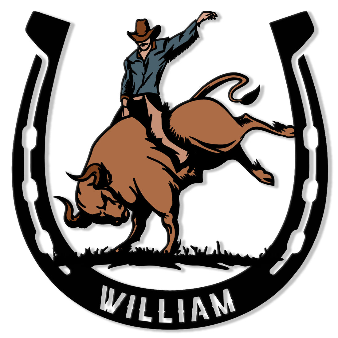 Custom rodeo metal sign featuring a bull rider inside a horseshoe design