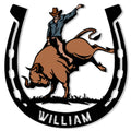 Custom rodeo metal sign featuring a bull rider inside a horseshoe design
