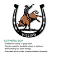 Rodeo bull riding metal sign shown with cut-metal sign feature details