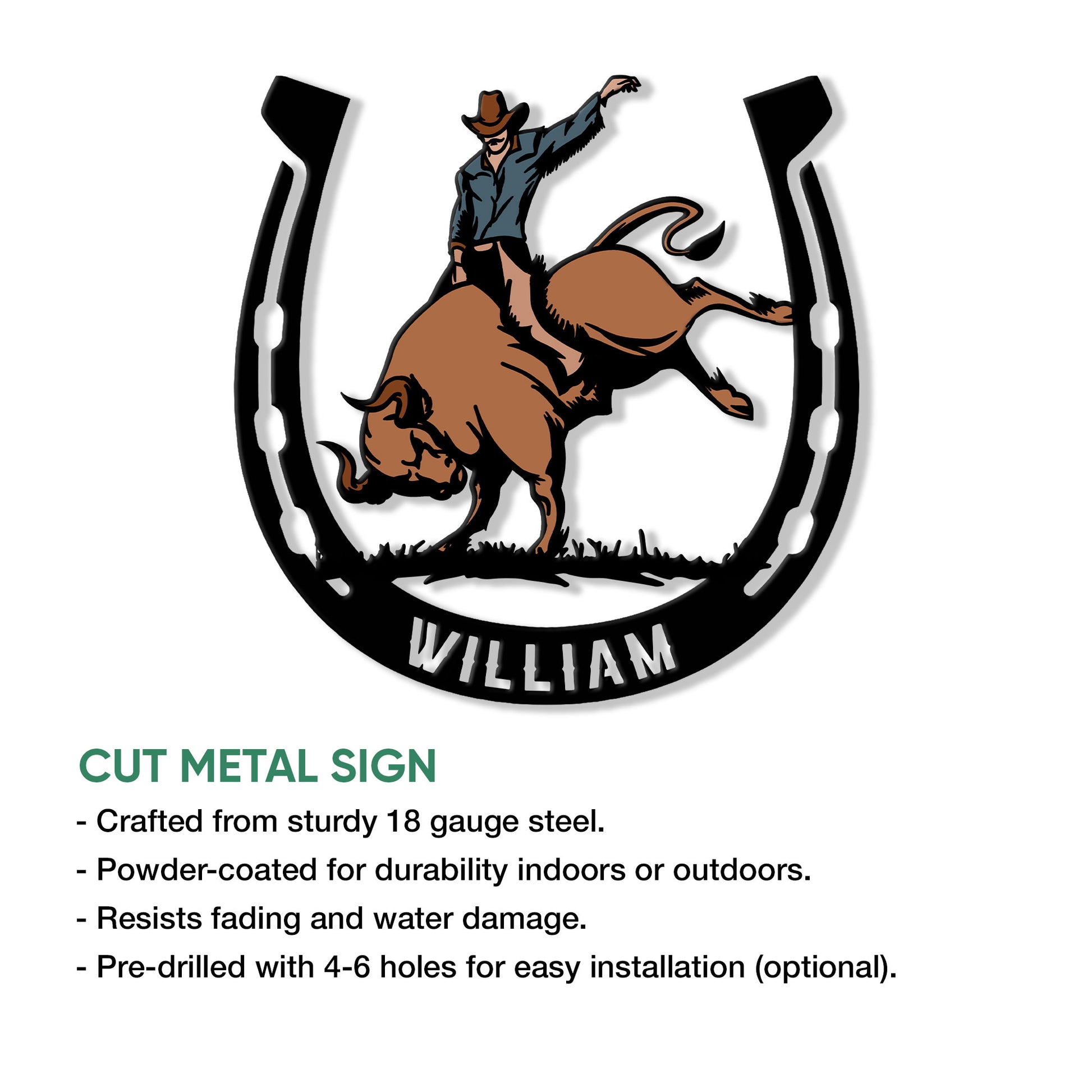 Rodeo bull riding metal sign shown with cut-metal sign feature details