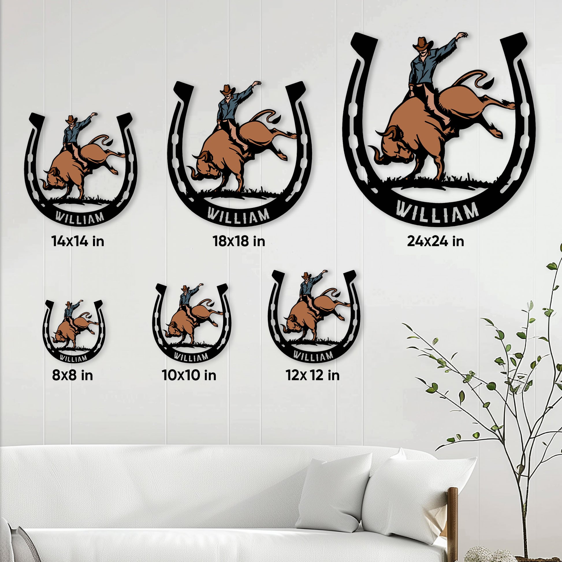Rodeo metal sign size guide showing available square sizes from 8 by 8 to 24 by 24 inches